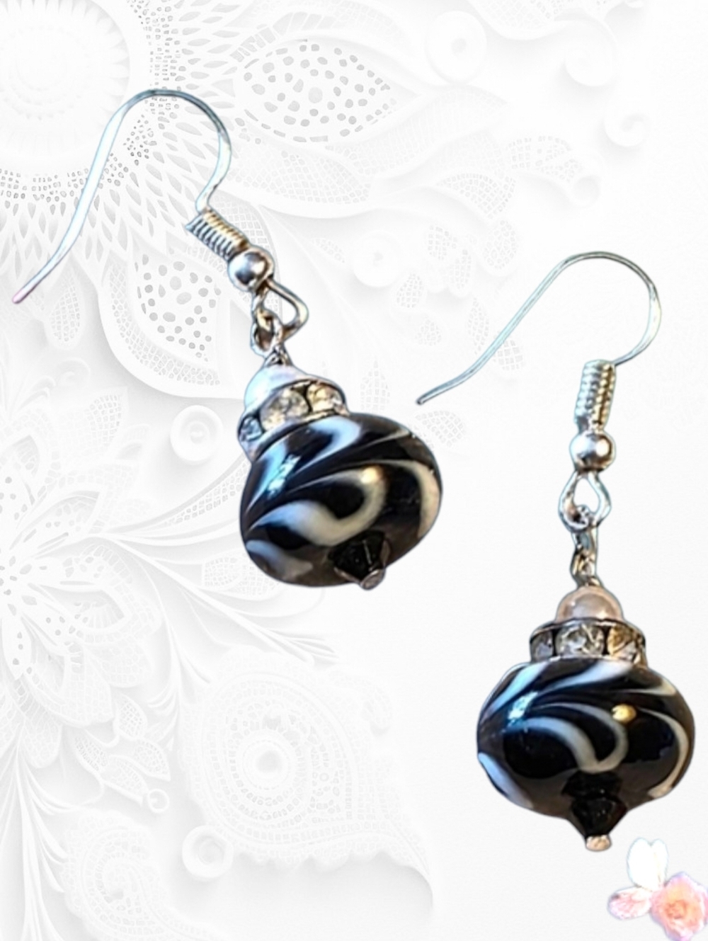 Artisan Swirl Glass Earrings • Black White Lampwork Dangles 207